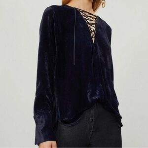 Stella McCartney Long Sleeve Velvet Lace Up V Neck Top Blouse Navy 42 M NWOT